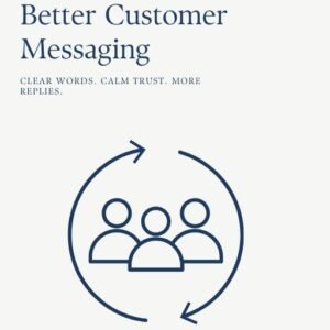 Cover of the guide "AI Prompts for Better Customer Messaging" featuring the tagline "Clear Words. Calm Trust. More Replies."