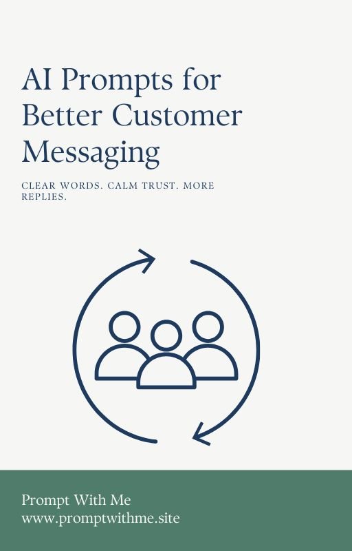 Cover of the guide "AI Prompts for Better Customer Messaging" featuring the tagline "Clear Words. Calm Trust. More Replies."