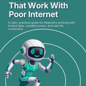 Book cover titled “AI Side Hustles That Work With Poor Internet” featuring a friendly robot illustration on a green background.