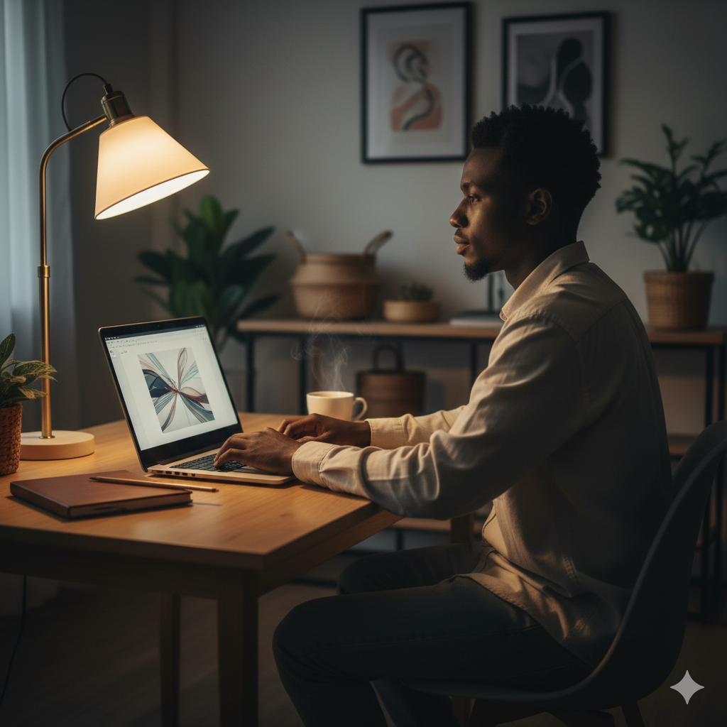 A young Nigerian man working calmly on a laptop at a simple desk, using AI tools in a quiet home setting despite limited internet and power constraints.