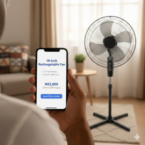 A smartphone screen showing a clear, structured product description for a rechargeable standing fan, with the price, key benefits, warranty information, and a call to action visible.